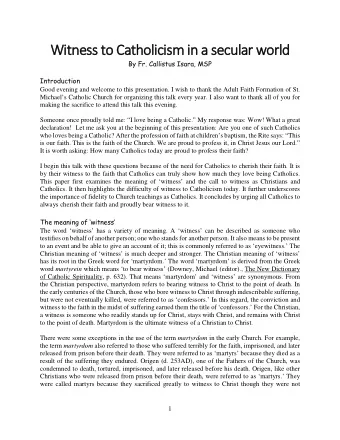 Witne  ness to C  Catho  holicism in a  n a s  secul  ecular world  By Fr. Callistus Isara, MSP