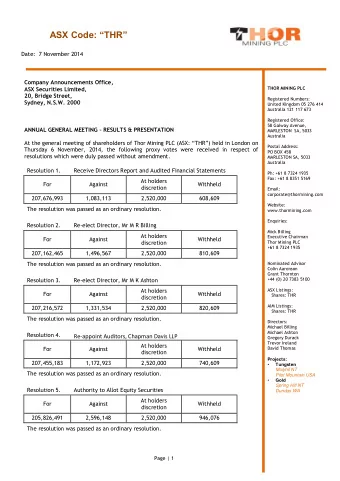 ASX Code: THR  Date:  7 November 2014 Company Announcements Office ,  THOR MINING PLC  ASX