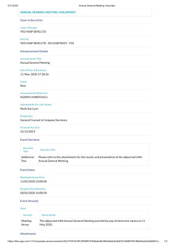 ANNUAL GENERAL MEETING::VOLUNTARY  Issuer &amp; Securities  Issuer/ Manager  YEO HIAP SENG LTD