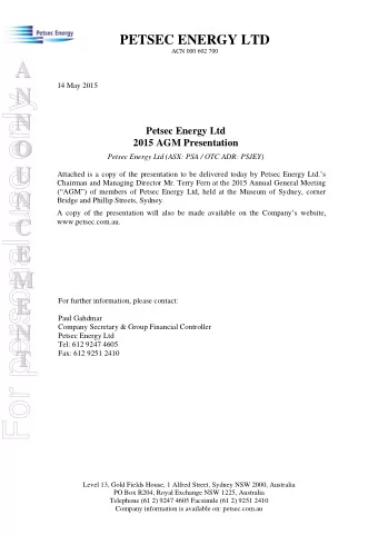 For personal use only  N  N  Petsec Energy Ltd  2015 AGM Presentation  O  O  Petsec Energy Ltd