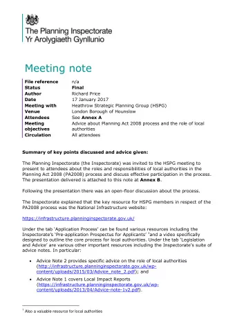Meeting note  File reference  n/a  Status Final  Author  Richard Price  Date  17 January 2017