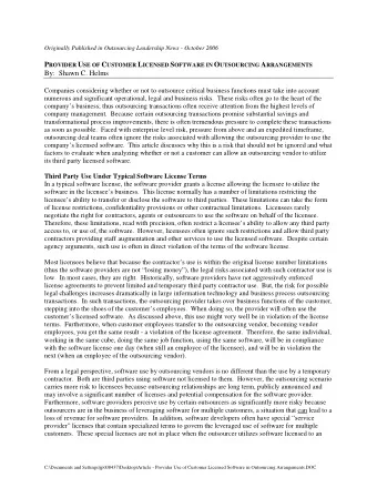 Originally Published in Outsourcing Leadership News - October 2006 P ROVIDER U SE OF C USTOMER L