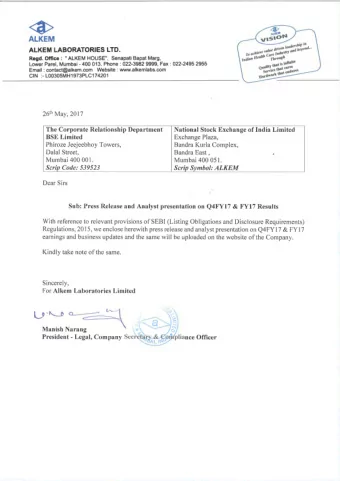 Alkem Laboratories Ltd.  Investor Presentation Q4FY17 26 th May 2017  Safe Harbor Statement  This