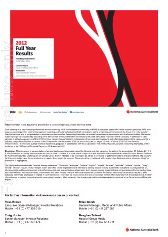 For personal use only Note: Information in this document is presented on a cash earnings basis,