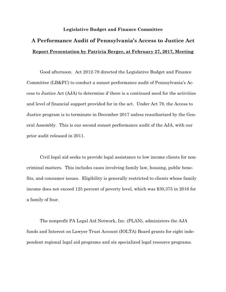 a performance audit of pennsylvania s access to justice