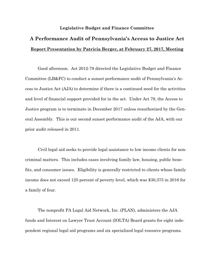 a performance audit of pennsylvania s access to justice