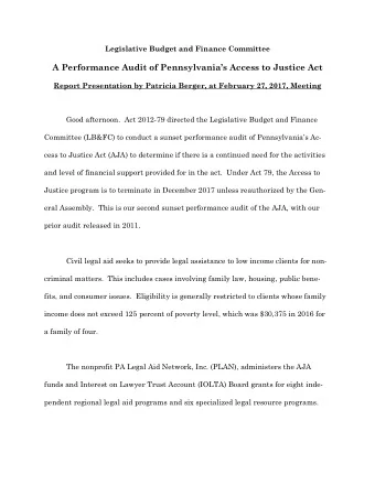 A Performance Audit of Pennsylvanias Access to Justice Act  Report Presentation by Patricia