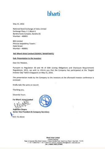 Bharti Airtel  Management Presentation  Singtel  Investor Day  Disclaimer  The information