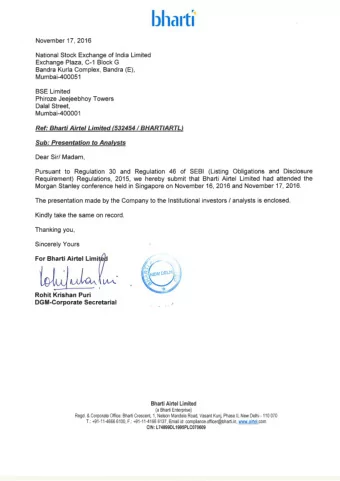 Bharti Airtel Investor Conference Presentation   November 2016  Disclaimer  The information