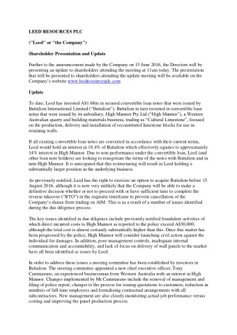 LEED RESOURCES PLC (&quot;Leed&quot; or &quot;the Company&quot;) Shareholder Presentation and