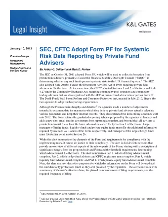 SEC, CFTC Adopt Form PF for Systemic  January 10, 2012  Risk Data Reporting by Private Fund