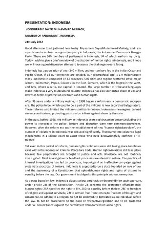 PRESENTATION: INDONESIA  HONOURABLE SAYED MUHAMMAD MULIADY,  MEMBER OF PARLIAMENT, INDONESIA 21st