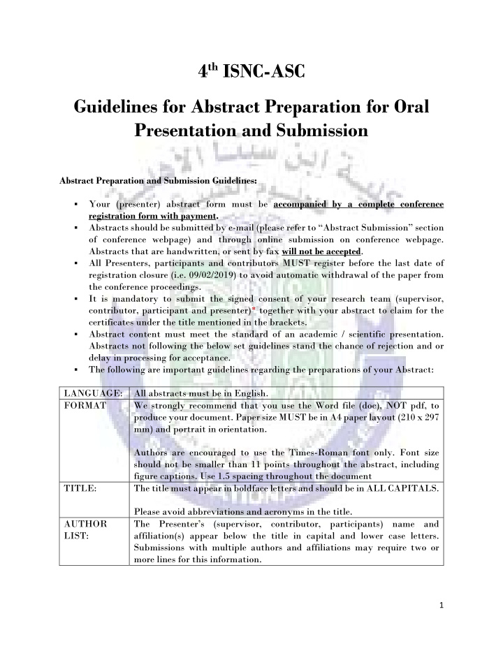 4 th isnc asc guidelines for abstract preparation for