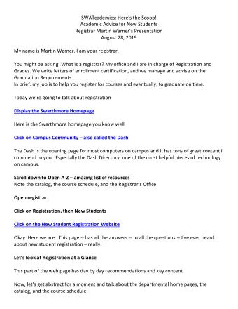SWATcademics: Here's the Scoop!  Academic Advice for New Students  Registrar Martin Warners
