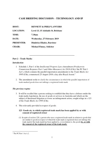 CASE BRIEFING DISCUSSION  TECHNOLOGY AND IP  HOST:  BENNETT &amp; PHILP LAWYERS  LOCATION: