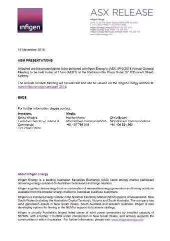 Annual General Meetings of Security Holders  Infigen Energy  11am AEST, 16 November 2018