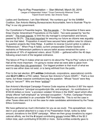 Pay-to-Play Presentation  Stan Mitchell, March 30, 2019  League of Independent Voters