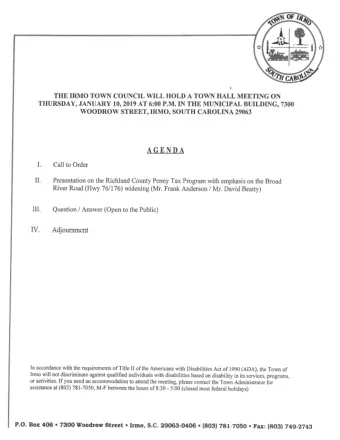 RICHLAND COUNTY TRANSPORTATION  PENNY PROGRAM  Town of Irmo  January 10, 2019  Program Funding