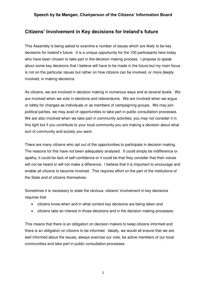 citizens involvement in key decisions for ireland s future