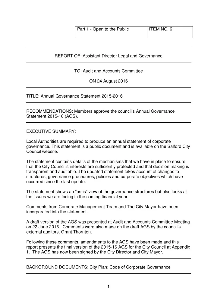 part 1 open to the public item no 6 report of assistant