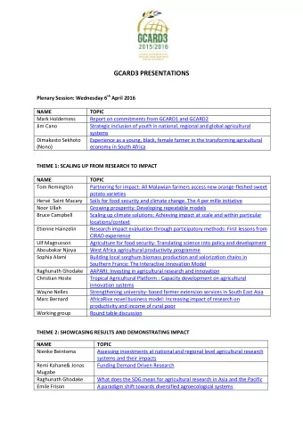 GCARD3 PRESENTATIONS Plenary Session: Wednesday 6 th April 2016  NAME  TOPIC  Mark Holderness