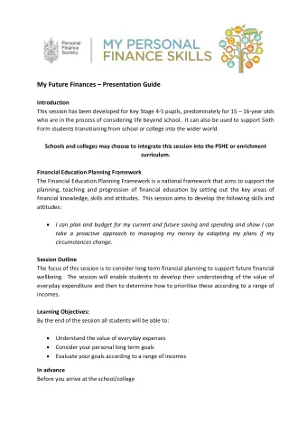 My Future Finances  Presentation Guide  Introduction  This session has been developed for Key