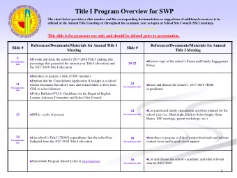 Title I Program Overview for SWP  The chart below provides a slide number and the corresponding