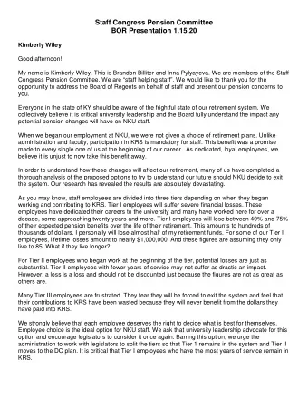 Staff Congress Pension Committee  BOR Presentation 1.15.20  Kimberly Wiley  Good afternoon!  My