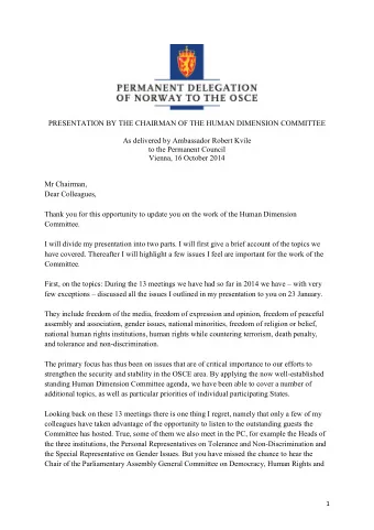 PRESENTATION BY THE CHAIRMAN OF THE HUMAN DIMENSION COMMITTEE  As delivered by Ambassador Robert