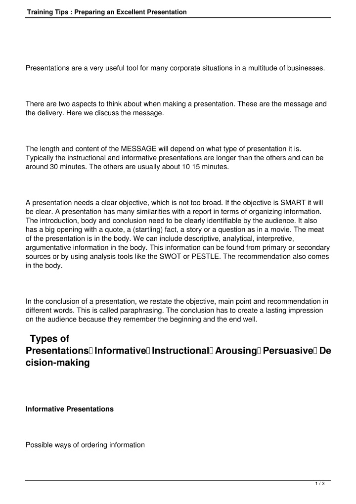 types of presentations informative instructional arousing