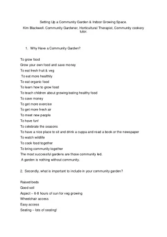 Setting Up a Community Garden &amp; Indoor Growing Space.  Kim Blackwell. Community Gardener,