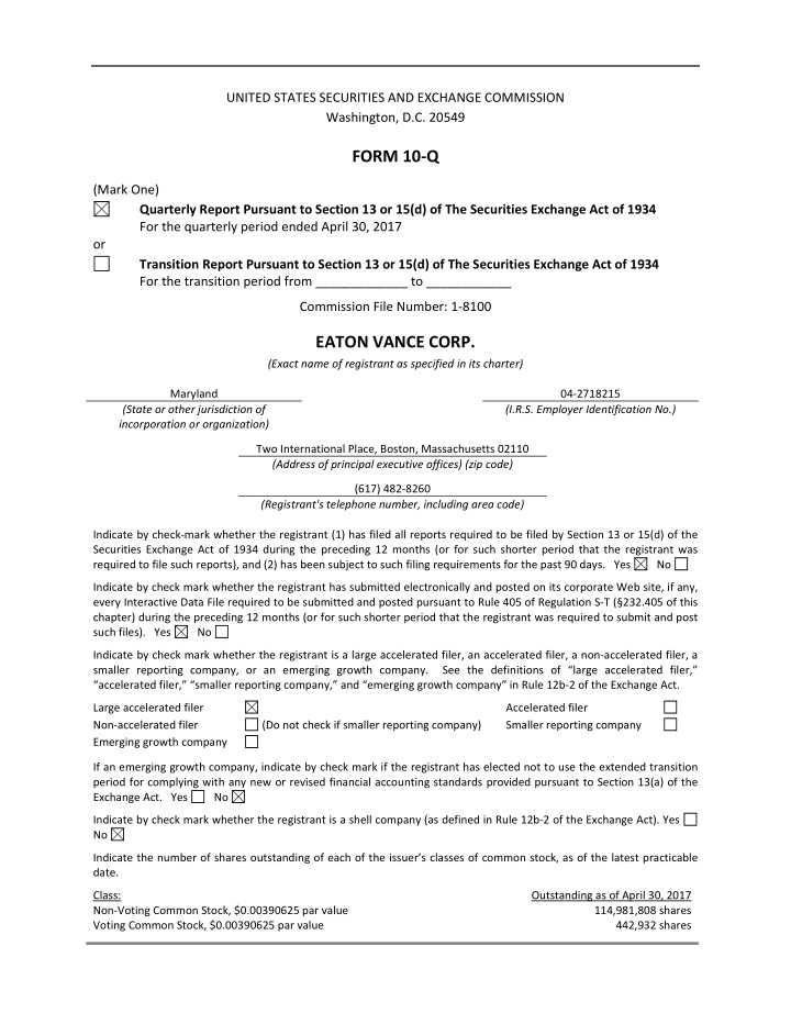 eaton vance corp form 10 q as of april 30 2017 and for