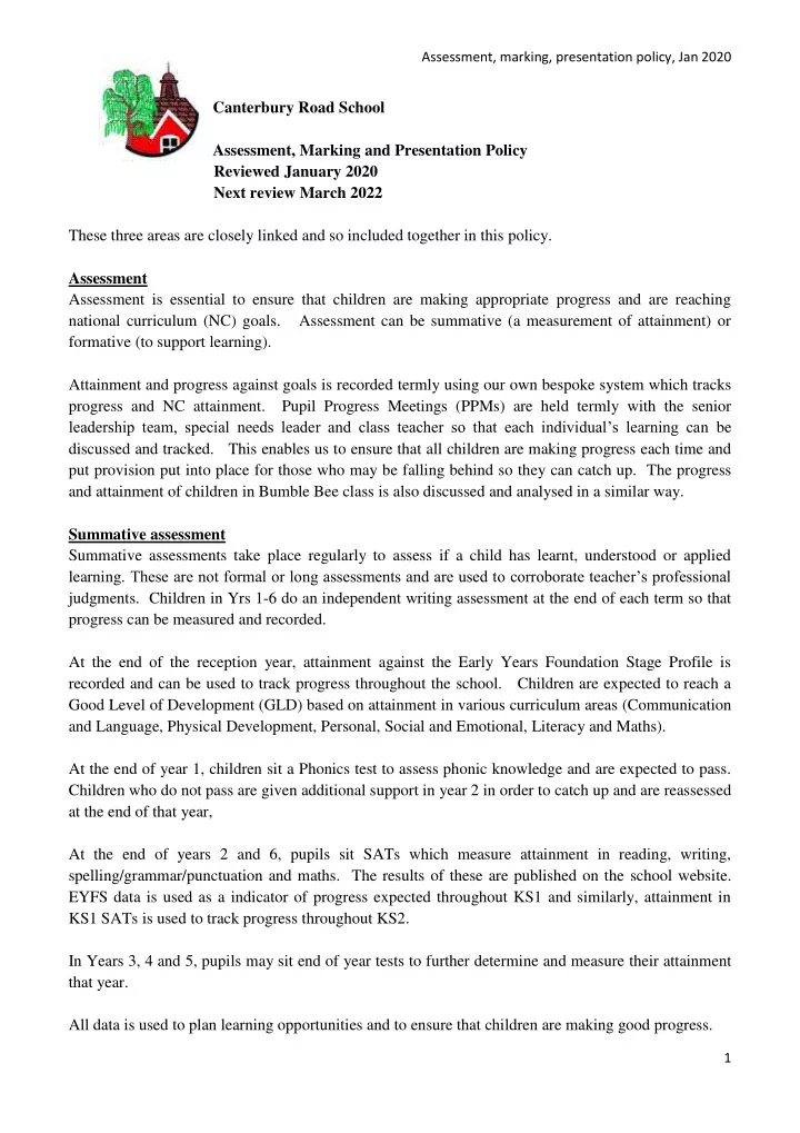 canterbury road school assessment marking and