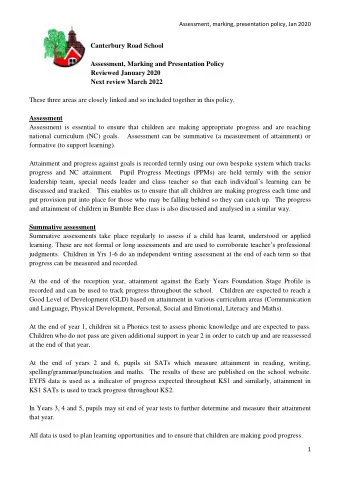 Canterbury Road School  Assessment, Marking and Presentation Policy  Reviewed January 2020  Next