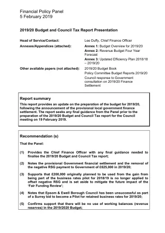 Financial Policy Panel  5 February 2019  2019/20 Budget and Council Tax Report Presentation  Head