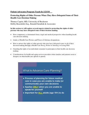 Patient Advocates Program Teach-In 1/23/18  Protecting Rights of Older Persons When They Have