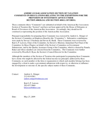 AMERICAN BAR ASSOCIATION SECTION OF TAXATION  COMMENTS ON REGULATIONS RELATING TO THE EXEMPTIONS