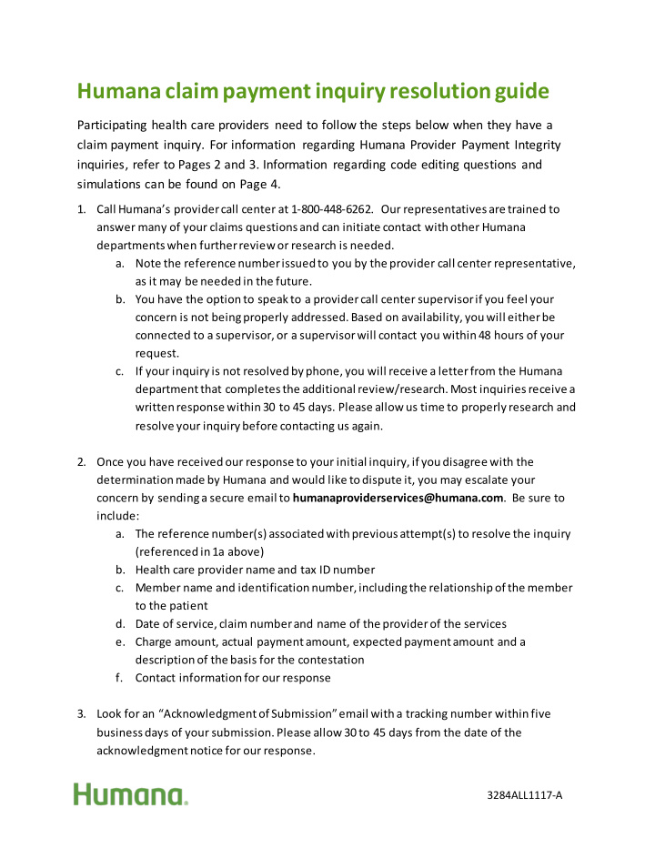 humana claim payment inquiry resolution guide