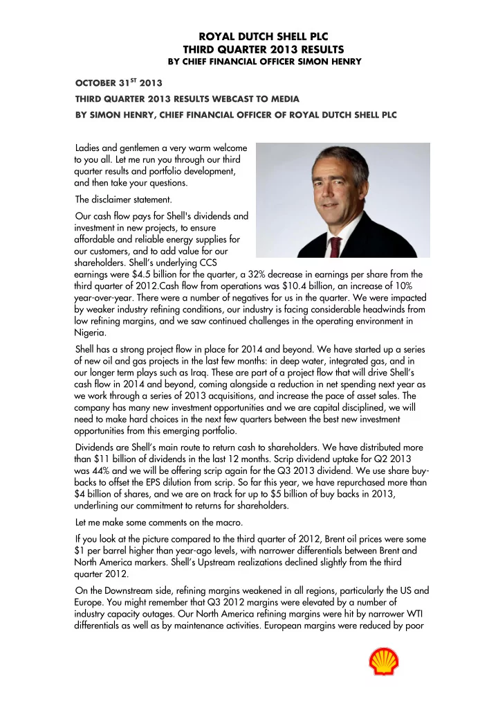royal dutch shell plc third quarter 2013 results by chief