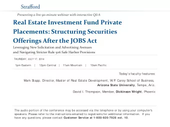 Real Estate Investment Fund Private  Placements: Structuring Securities  Offerings After the JOBS