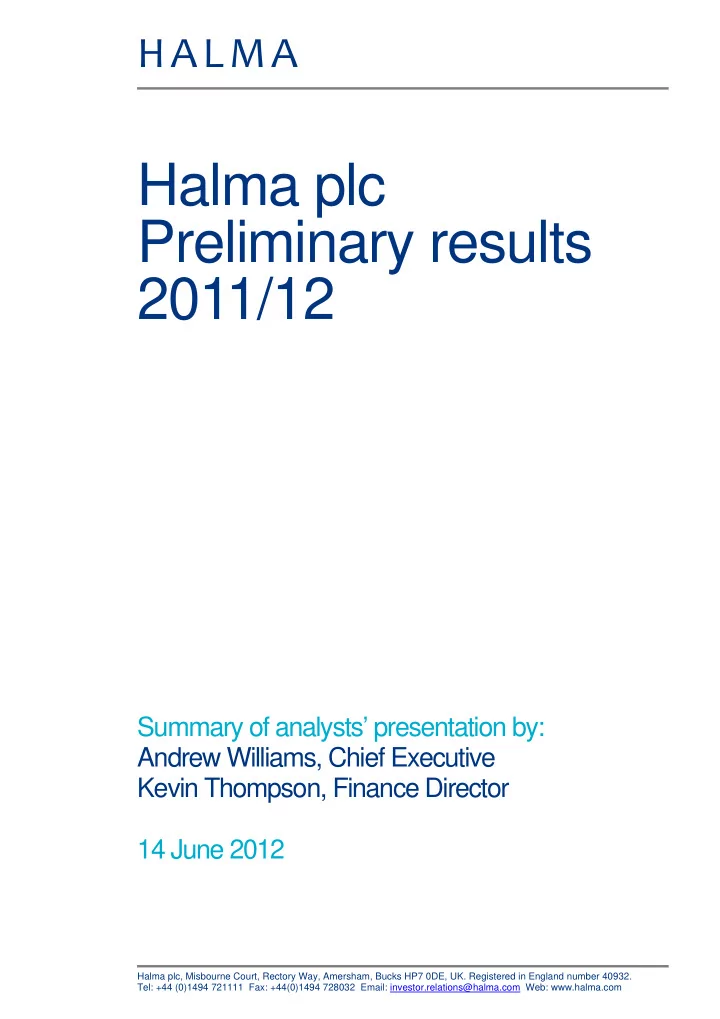 halma plc preliminary results 2011 12