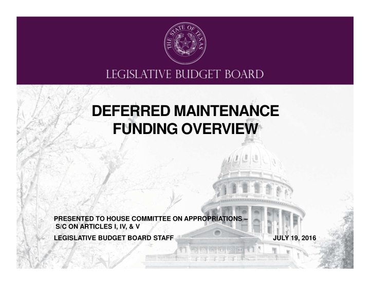 deferred maintenance funding overview