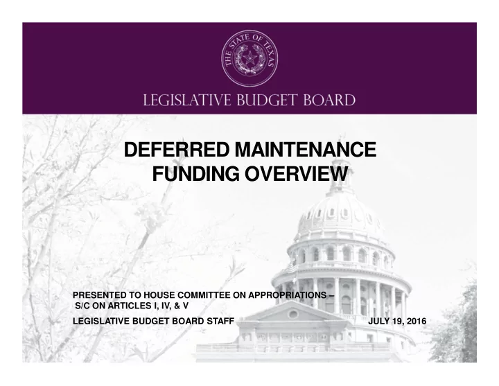 deferred maintenance funding overview