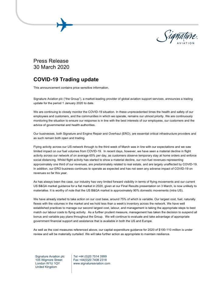 press release 30 march 2020 covid 19 trading update