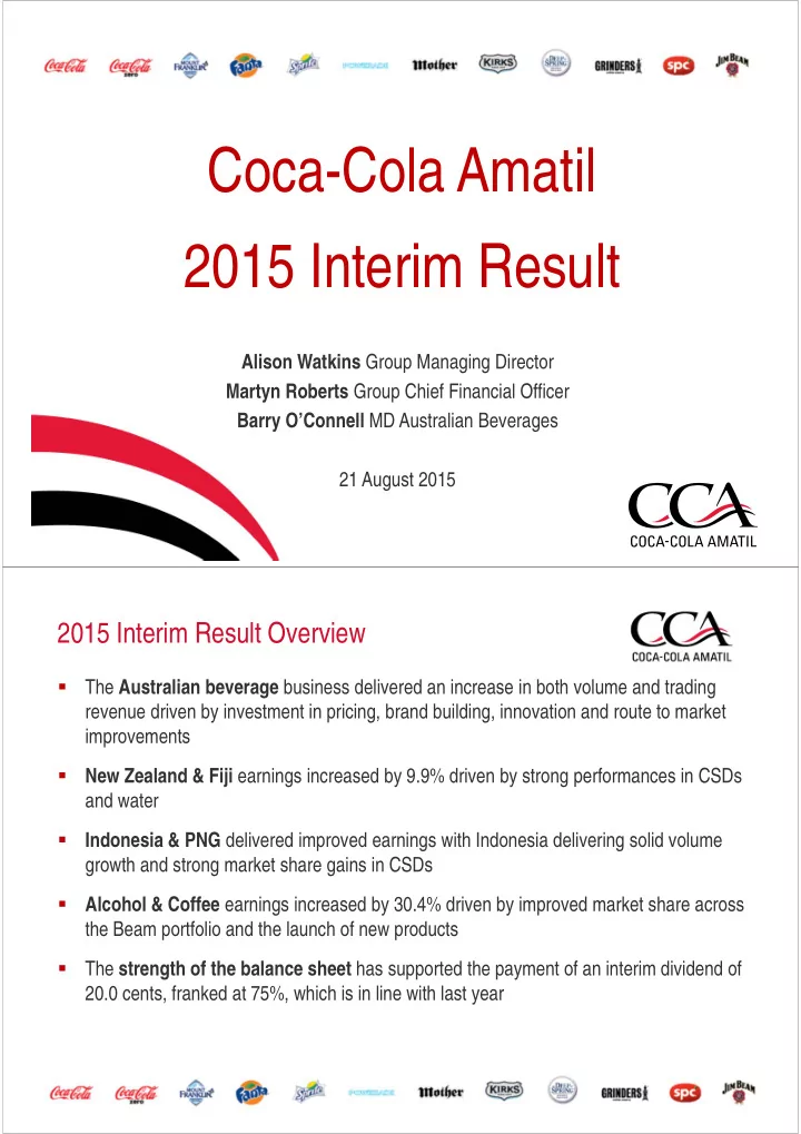 coca cola amatil 2015 interim result