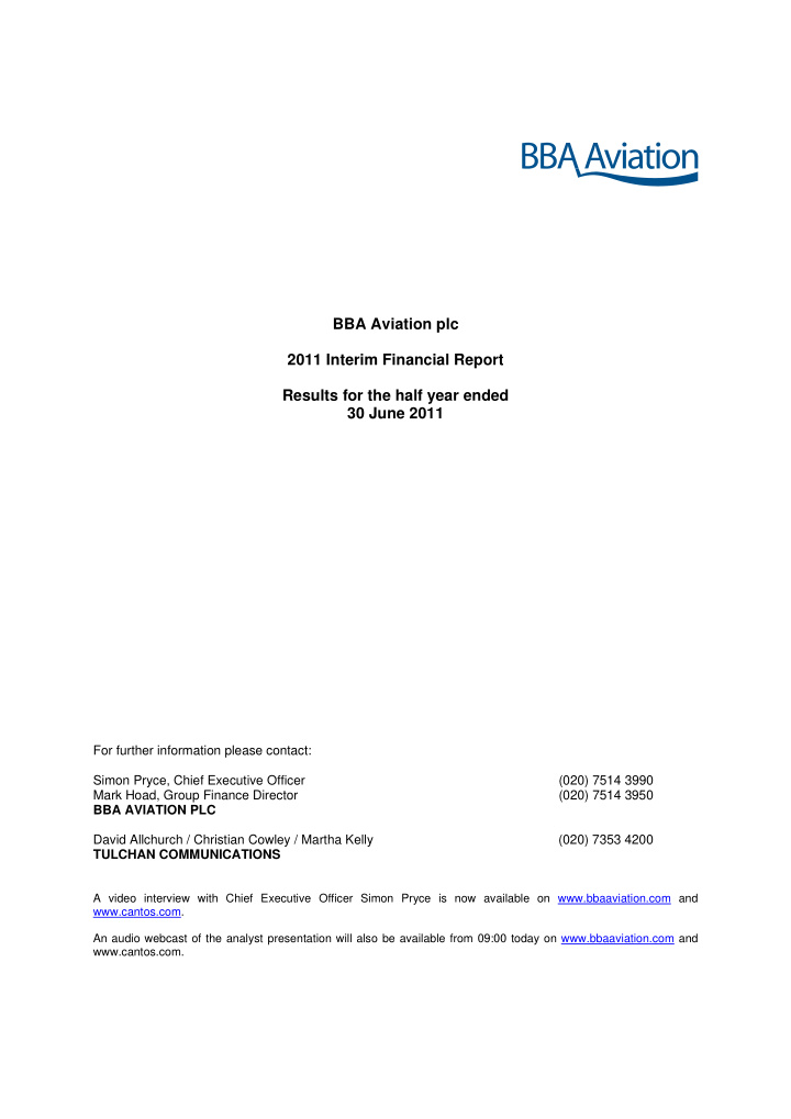 bba aviation plc 2011 interim financial report results