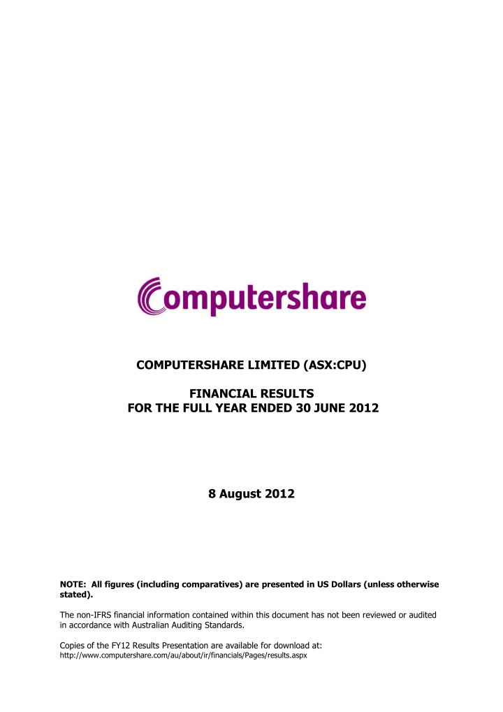 computershare limited asx cpu financial results for the