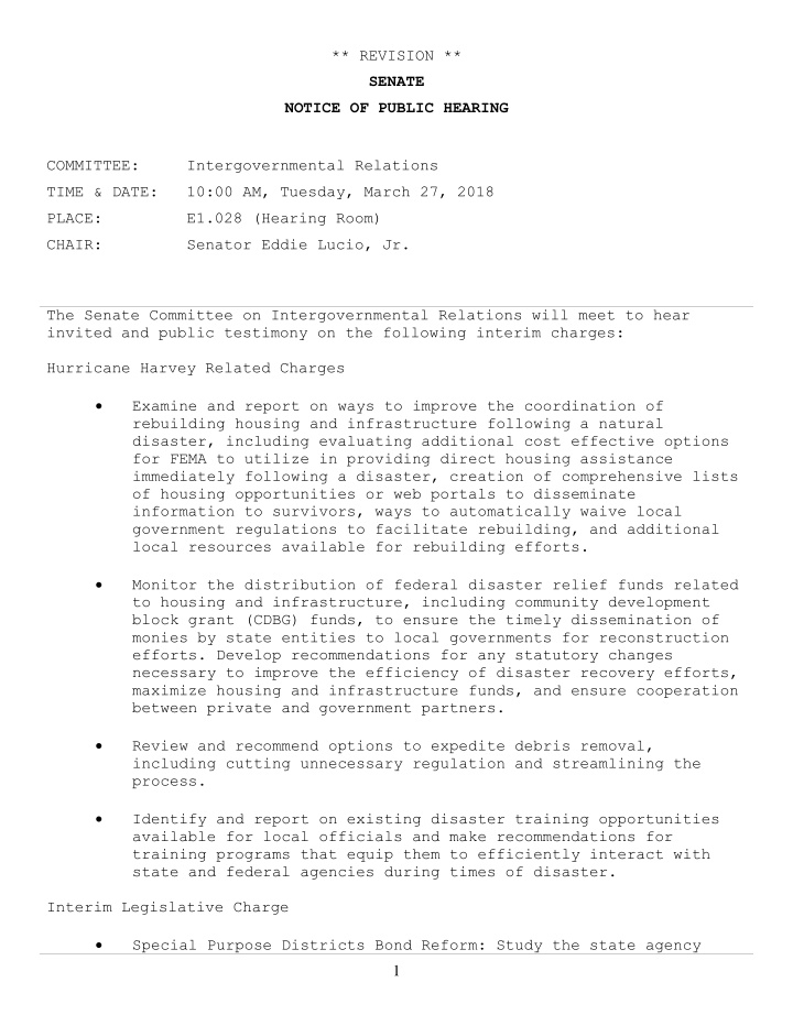revision senate notice of public hearing committee
