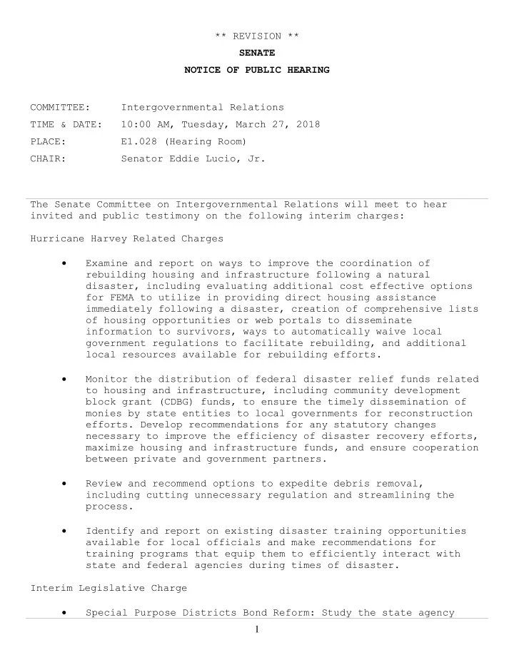 revision senate notice of public hearing committee