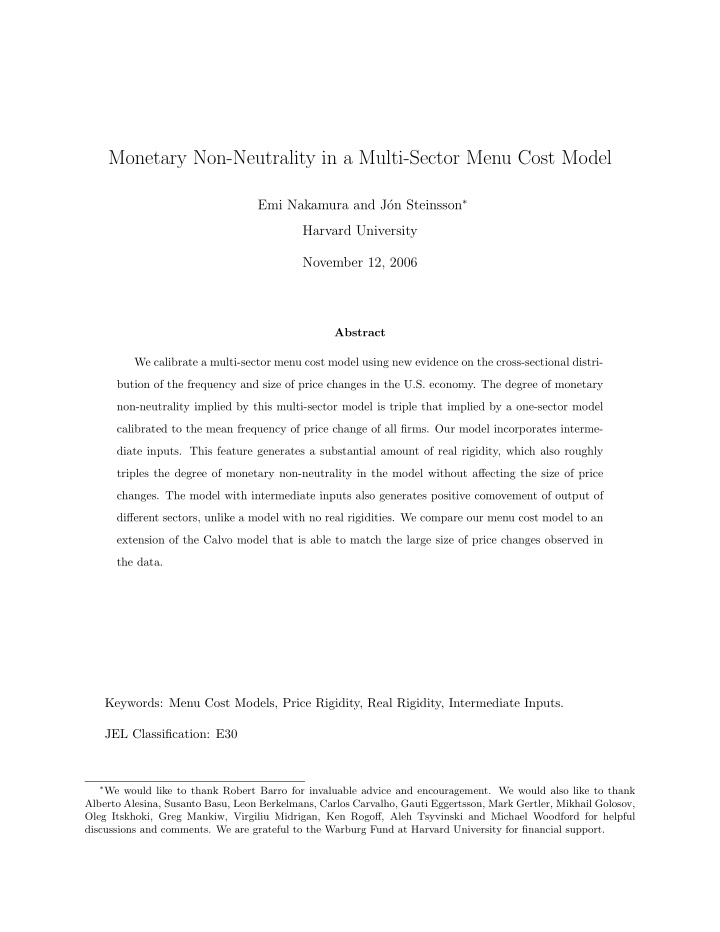 monetary non neutrality in a multi sector menu cost model